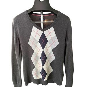 Tommy Hilfiger Women’s Sweater SZ L V-Neck Long Sleeves Gray Blue Red & White Ni